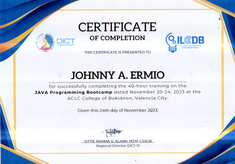 DICT Java Programming Bootcamp Certification - Johnny Ermio